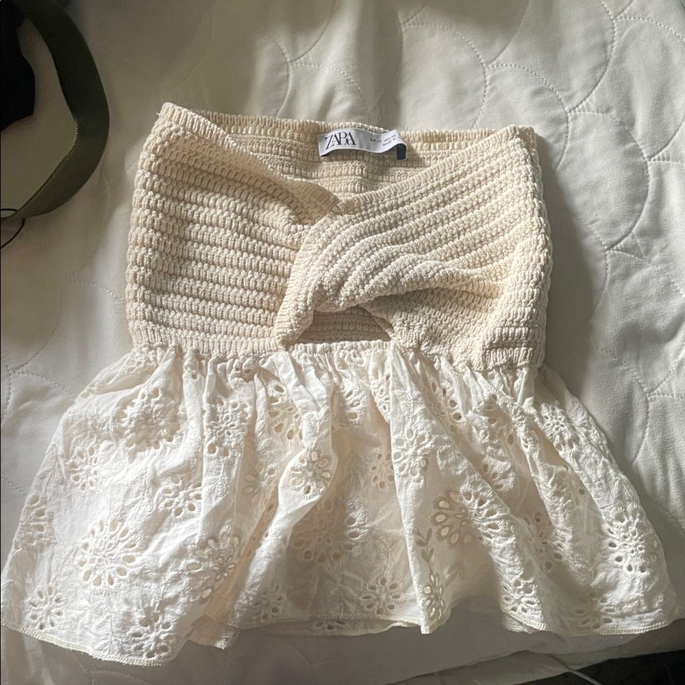Zara Cream Crochet Bustier Eyelet Peplum Tube top